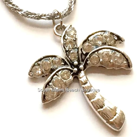 Palm Tree Necklace 24" Crystal Silver Plated BIG Pendant Island Beach Coconut - Picture 7 of 10